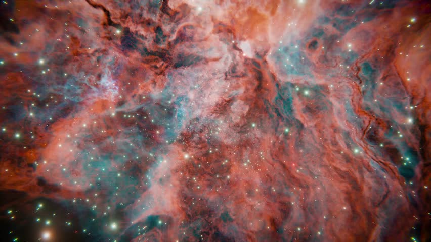 Endless loop of drifting through galaxy outer space and colorful nebula with stars.