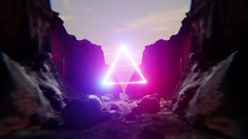 Glowing neon triangle pulsates in a rocky canyon under a dusky sky. Endless loop