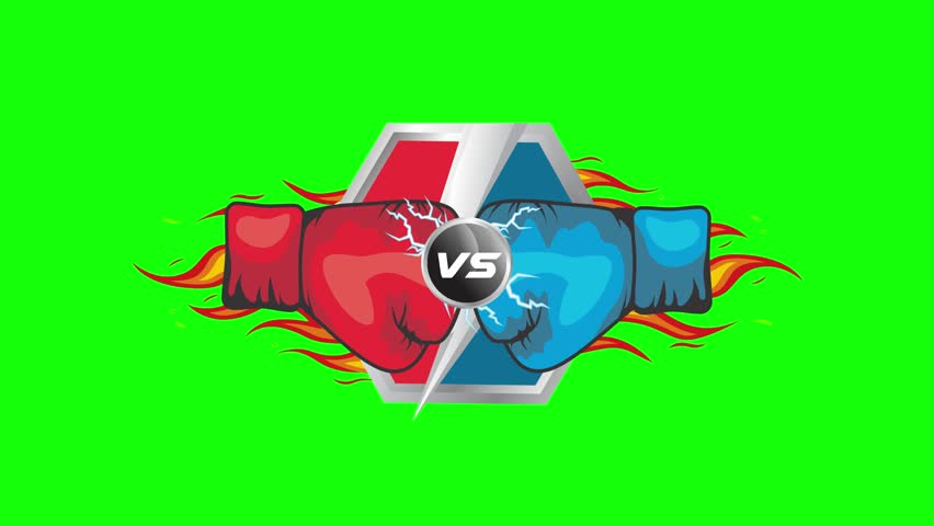 2D animation of red and blue boxing gloves with flames and a diagonal energy flash in the background. Ideal for combat sports transitions or versus branding elements.