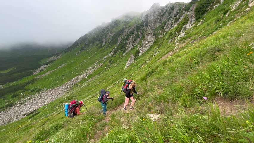 Three hikers ascend steep, grassy mountainside, trekking poles aiding climb. Rugged cliffs and lush, green slopes create stunning backdrop, partially shrouded in mist.