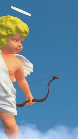 Funny angel cupid with wings dancing on a cloud on blue background and shooting an arrow from a bow. 3d Background For Love. Valentine