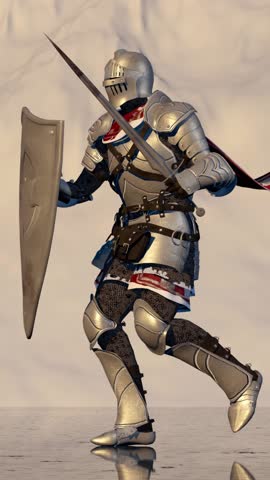 Medieval knight fights a fire-breathing dragon in the background of snowy mountains on a reflective surface of a frozen lake.