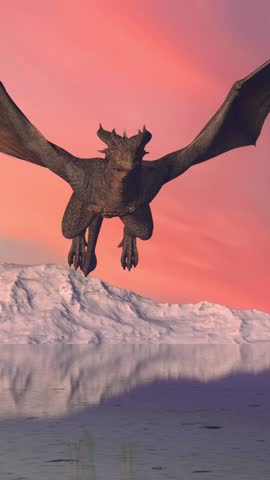 Medieval knight fights a fire-breathing dragon in the background of snowy mountains on a reflective surface of a frozen lake.