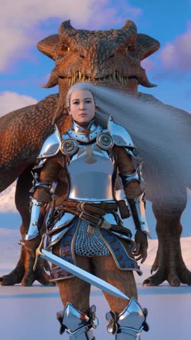 White haired female warrior knight stands with a drawn sword and a dragon behind against the backdrop of snow capped mountains. Fantasy artwork scene. CGI animation 3d rendering