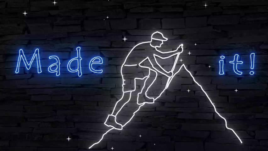Made it! Blue text and silver silhouette of climber near the summit illuminated 3d illustration fluorescent retro neon sign on dark brick wall, eye catching 10s 4k video art, digital postcard
