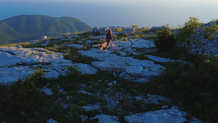 Woman Hiking with Dog on Rocky Mountain Overlooking Sea at Sunset Aerial Scenic Nature Travel Shot