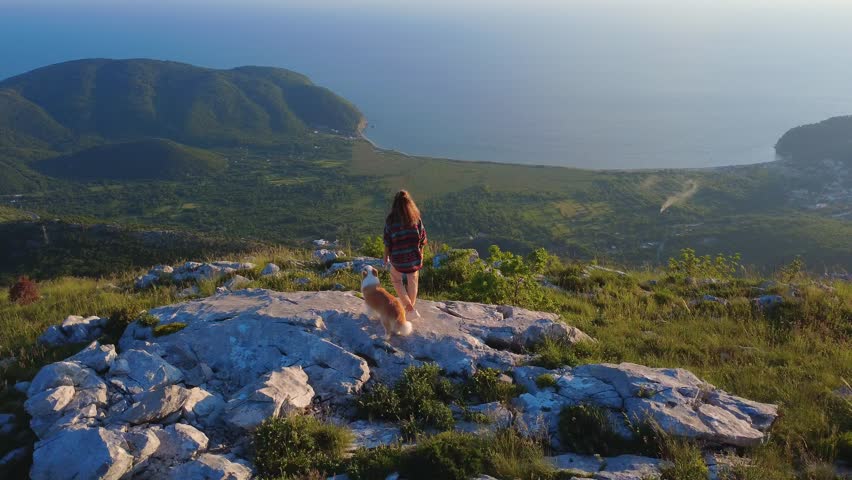 Woman Hiking with Dog on Rocky Mountain Overlooking Sea at Sunset Aerial Scenic Nature Travel Shot