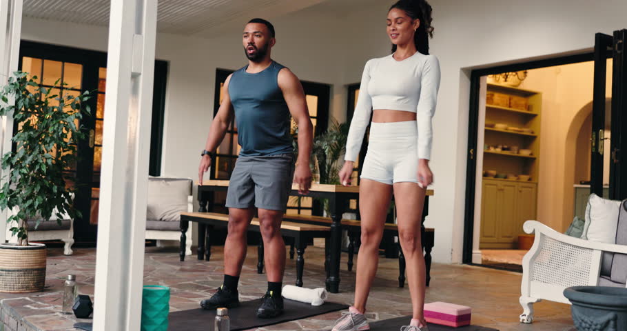 Woman, man and squat exercise with fitness, workout and balance with growth for leg muscle on patio. Couple, home and training with challenge, stretching and development for glutes in morning