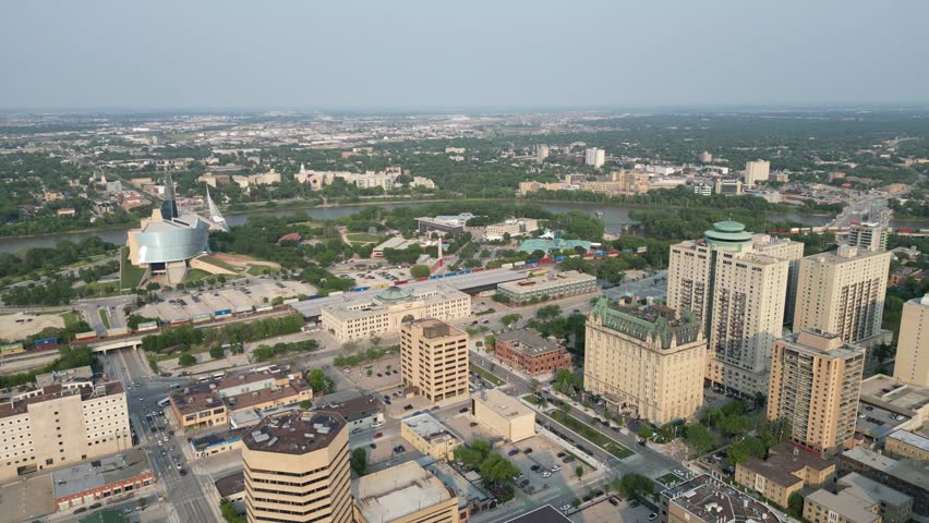 Downtown Winnipeg skyline on summer evening at sunset drone aerial