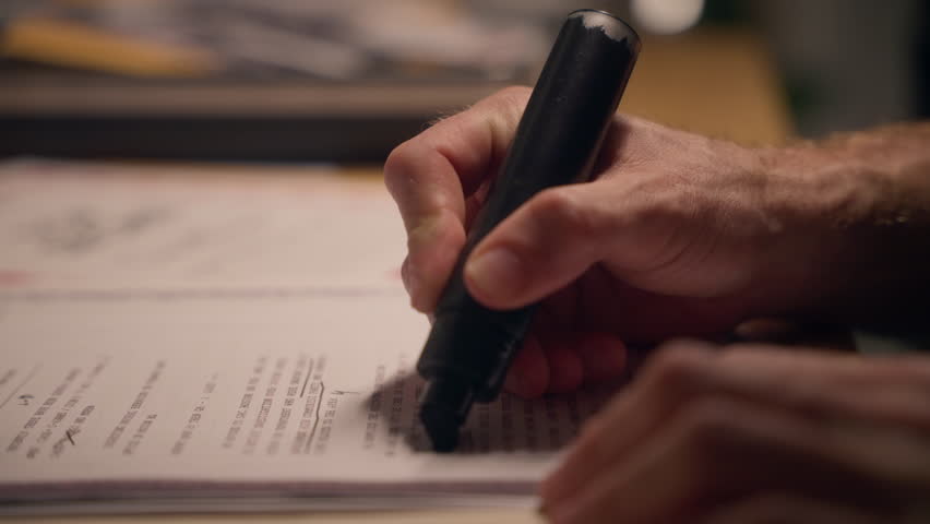 Close up - Agent or government official erasing and hiding sensitive information. Person using black marker to censor important official text on document or report. Conspiracy or evidence cover up