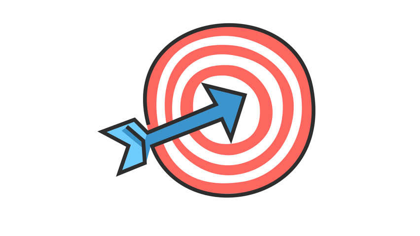 Target with bullseye arrow logo in cartoon animation. Goal achieved icon. Success and accuracy symbol. Digital marketing strategy and business objective hit sign. Alpha channel.