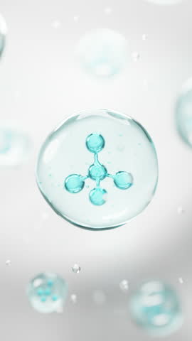 3d Vertical blue molecular serum bubbles floating in soft light, showcasing active ingredients. Perfect skincare element for luxury cosmetic, hydration, anti-aging, and beauty visuals.	