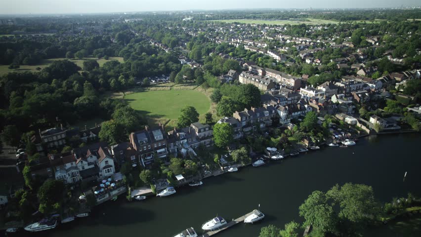 Aerial Drone Footage of Sunbury Lock on River Thames, Surrey UK – Scenic Residential Homes