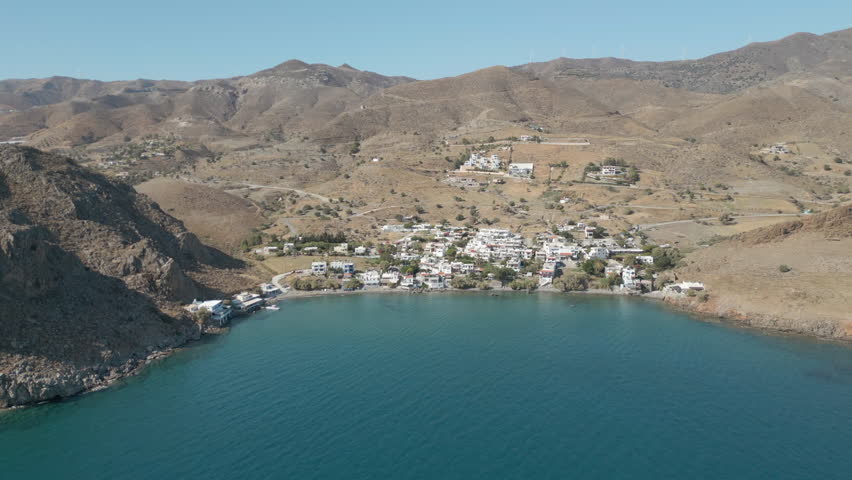 Serene Lentas Bay Southern Coast Of Crete Greece Drone Track Back Wide Angle 4K 60FPS