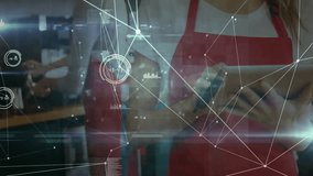 Data overlay revealing coffee shop driving barista tapping tablet details confirming drink order. Technology, cafe, modern, communication, innovation, teamwork, digital - Powered by Shutterstock - Get 15% off with code: PIKWIZARD15