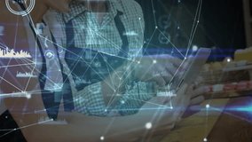 cafe staff tapping tablet screen, showing animated business data graphs for pastry sales analysis. Collaboration, technology, analytics, connectivity, hospitality, modern, teamwork - Powered by Shutterstock - Get 15% off with code: PIKWIZARD15