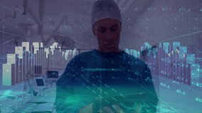 Healthcare worker raising tablet in hospital corridor and tapping while analyzing financial charts. Medical, technology, futuristic, diagnostic, digital, innovation, analytics - Powered by Shutterstock - Get 15% off with code: PIKWIZARD15