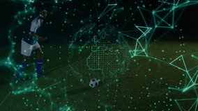 Soccer player tapping ball and causing glowing globe overlay then kicking ball for sports tech show. Athlete, digital, technology, innovation, futuristic, outdoor, motion - Powered by Shutterstock - Get 15% off with code: PIKWIZARD15