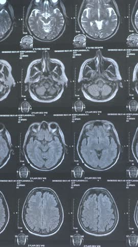 Vertical footage CT scan image of human brain. Mri or x-ray scan for diagnostic human head diseases. 4k video.
