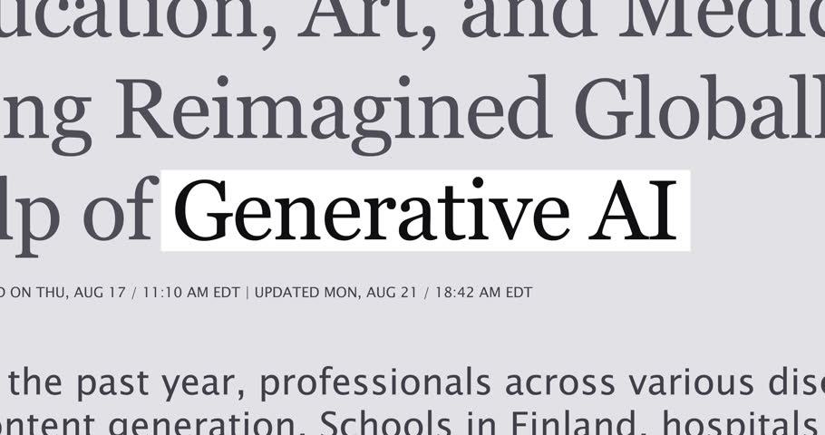 Generative AI in the news titles across international media, changing media headlines about AI-generated content theme, news overview, loop footage