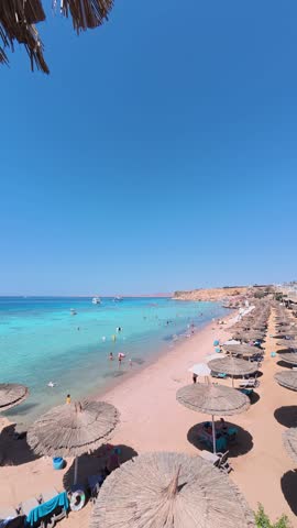People are swimming, wading, and enjoying the shallow water of tropical sea. Rows of thatched umbrellas and sunbeds line the beach. Relaxing seaside escape. Red sea at Sharm El Sheikh, Egypt