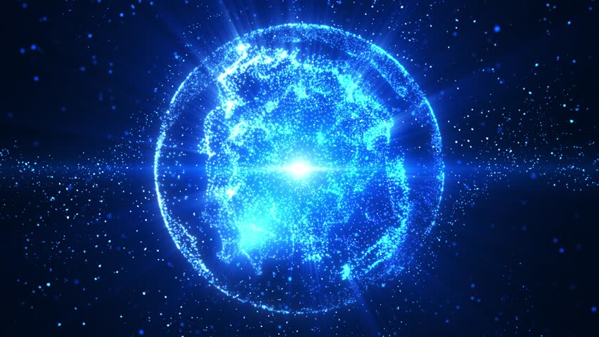 Dark blue energy sphere created from glowing liquid particles and magic plasma on dark background. abstract atomic science background. Wave magic ball glitter particles
