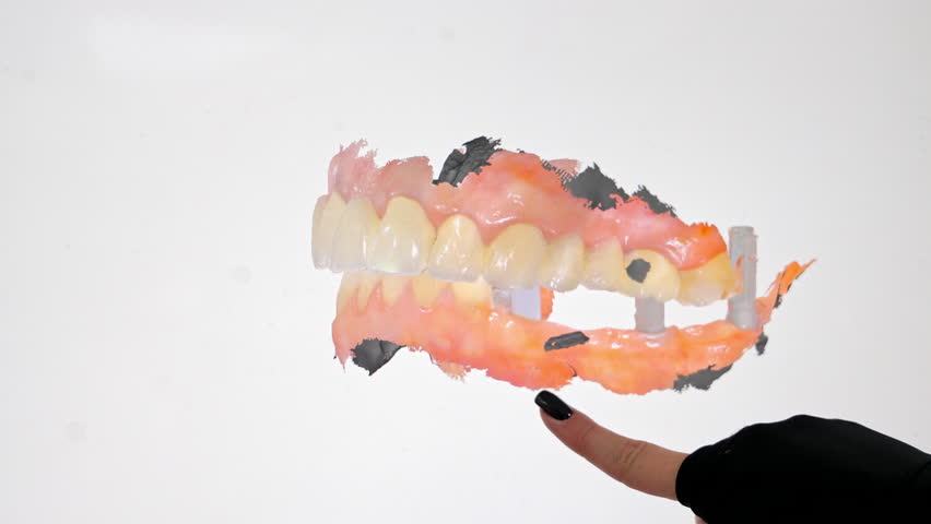 3D dental scan showing upper and lower jaw with implants and gums, Digital dentistry image displays gum tissue, teeth structure and restoration elements