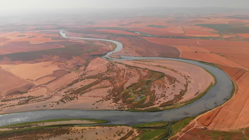 Drone aerial view of Batman River (Batman Çayı), a major tributary of the Tigris River in southeastern Turkey