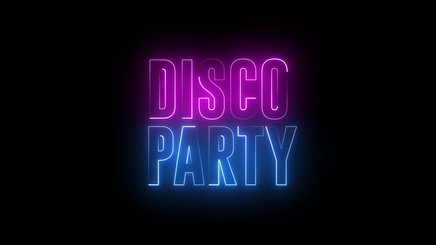 Disco party neon text animation, Disco party game, music text animation background on black background 4k video.