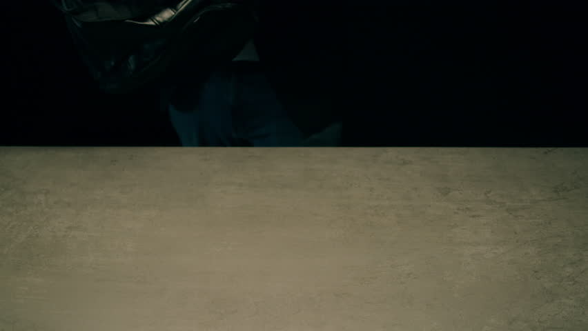 Banknotes and bag counter, Specialised police officer Counting dollar euro banknotes in crime lab with machine, cashed out criminal money, bitcoin changing, buying home flat in bank. 