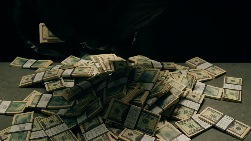 Banknotes and bag counter, Specialised police officer Counting dollar euro banknotes in crime lab with machine, cashed out criminal money, bitcoin changing, buying home flat in bank. 