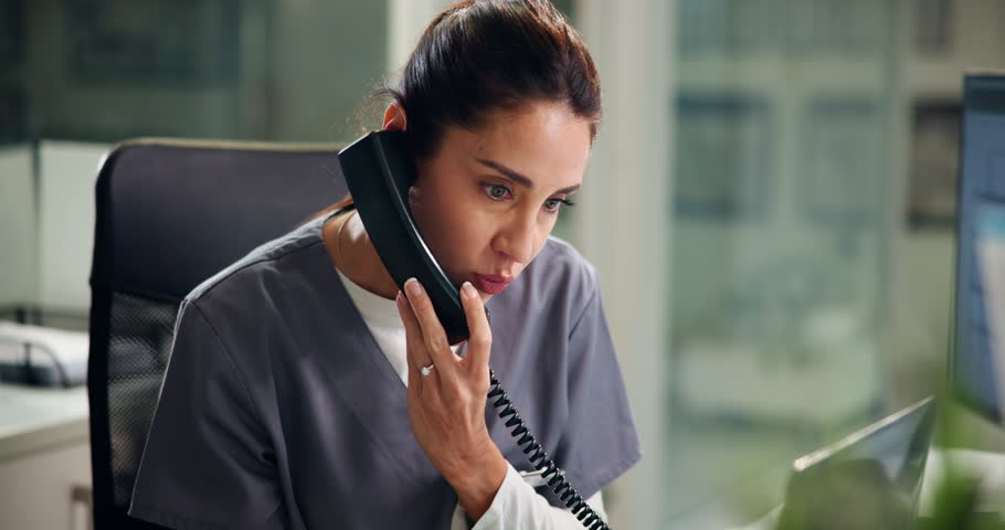 Woman, nurse and talk with phone call in office for medical report, results and wellness advice. Smile, person and telephone with discussion, administration and confirm appointment of booking inquiry