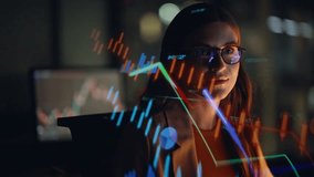 Evening professional trading currencies closeup. Monitor displaying financial graphs and market trends mirrored in spectacles. Focused woman analyzing large data sets using advanced virtual software - Powered by Shutterstock - Get 15% off with code: PIKWIZARD15