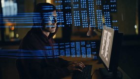 Hacker breaking computer system in data hologram closeup. Focused spy programer guy working with codes hacking security websites corporate servers in dark database center workplace alone. Cybercrime - Powered by Shutterstock - Get 15% off with code: PIKWIZARD15