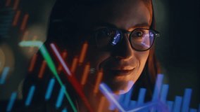 Night woman charts reflection wearing eyeglasses looking computer screen closeup. Smiling crypto trader analyst working with cryptocurrency bitcoin diagrams. Specialist analyzing stock market alone  - Powered by Shutterstock - Get 15% off with code: PIKWIZARD15