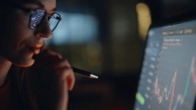 Trader hand examining diagram on monitor at night closeup. Concentrated female broker in eyeglasses working on freelance overtime enjoying job at evening home interior. Finance analyst looking pc  - Powered by Shutterstock - Get 15% off with code: PIKWIZARD15