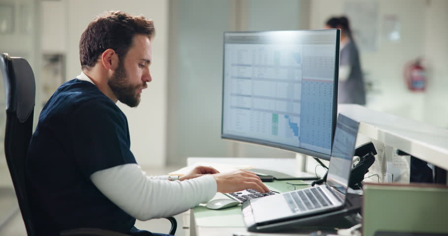 Nurse, computer and screen with typing in hospital for patient database, digital medical record or admin. Man, electronic details or info for healthcare, report or laptop for update on health archive