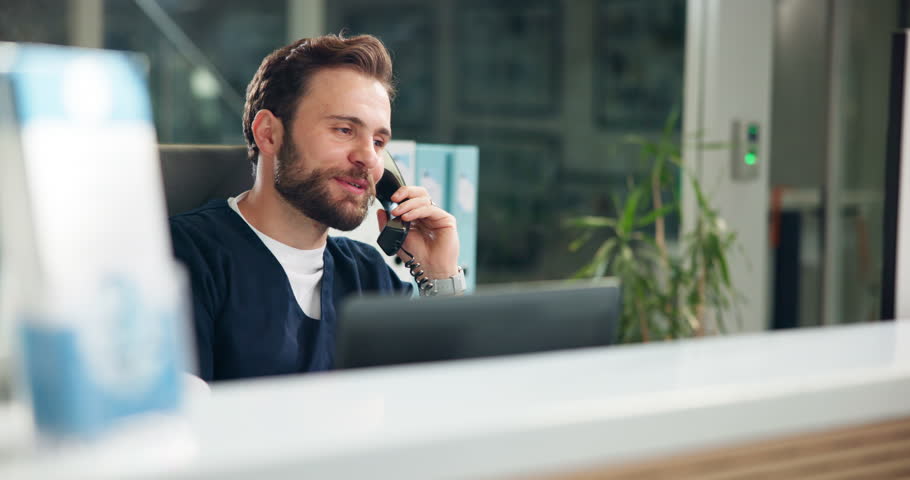 Phone call, nurse and man with telephone, communication or medical advice for contact or healthcare. Talking, administration and person with tech for appointment, night and schedule in hospital