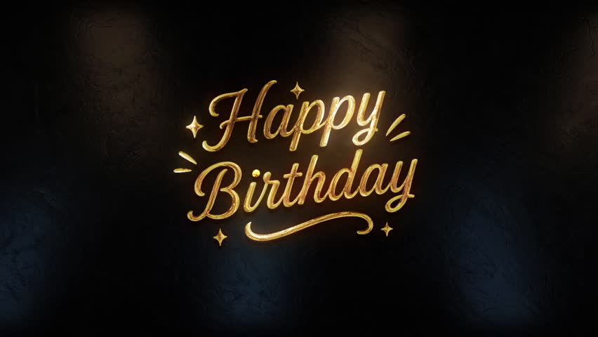 Golden 3D "Happy Birthday" text with elegant swirls and starry accents, illuminated with glowing light, creating a festive and joyful atmosphere for birthday celebrations.