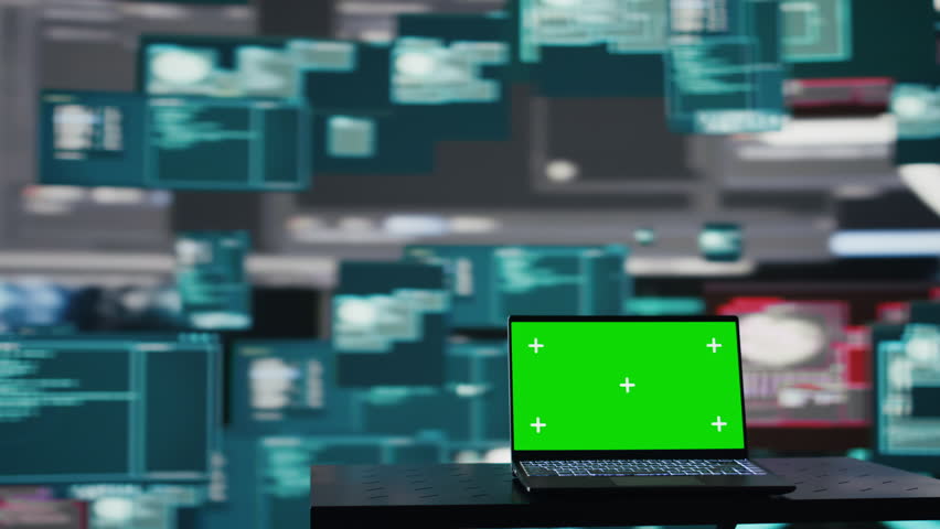 Empty space with mockup screen on pc used to initiate a cyber intrusion, compromising IT security through coding, identity theft and encryption bypass. Trigger alarms for threat detection. Camera B.