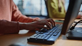 Hands typing computer keyboard closeup. Support advisor guy speaking in headset device. Cheerful man teleworker guiding customer. Positive representative offering helpful solutions looking monitor - Powered by Shutterstock - Get 15% off with code: PIKWIZARD15