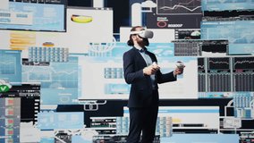 Modern businessman employs virtual reality headset in a digital environment focused on performance metrics, strategic planning through technology and analytics. Firm forecasting. Camera B. - Powered by Shutterstock - Get 15% off with code: PIKWIZARD15