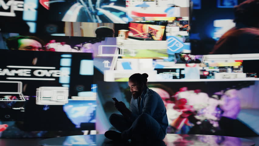 Stressed individual obsessively overuses his mobile phone social apps, illustrating the mental health crisis driven by addiction and excessive information. Cyberbullying and manipulation. Camera B.