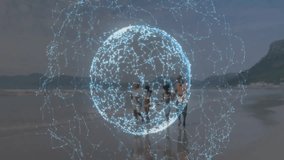 Network sphere forming on shore igniting family skipping jogging behind rotating globe showing tech. Technology, connectivity, multigeneration, harmony, sunshine, leisure, innovation - Powered by Shutterstock - Get 15% off with code: PIKWIZARD15