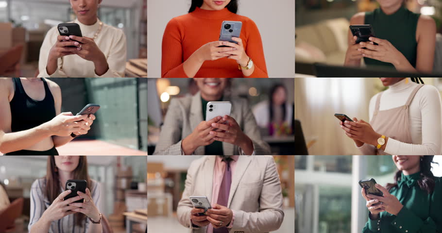 People, hands and collage with phone for network, global communication or business connection. Group, community or users typing on mobile smartphone in series or montage for data sync or social media