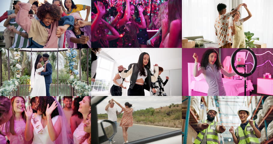 Montage, different people and dance for celebration, energy and freedom in warehouse. Happy group, music and moving with diversity at outdoor wedding party, night club and live streaming at home
