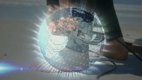 Rotating digital globe over barefoot initiating hand gripping strap threading buckle securing foot. Technology, innovation, connection, sustainability, futurism, adventure, digital art - Powered by Shutterstock - Get 15% off with code: PIKWIZARD15