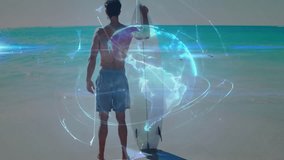 Barefoot surfer standing on sand as faint net drifting around board forming digital globe tech demo. Futuristic, technology, innovation, connectivity, digital, augmented, mobile - Powered by Shutterstock - Get 15% off with code: PIKWIZARD15
