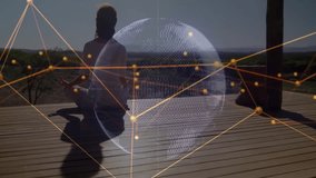 woman while meditating on terrace materializing 3D globe pulsing data nodes for data visualization. Mindfulness, tranquility, digital, futuristic, architecture, outdoor, serenity - Powered by Shutterstock - Get 15% off with code: PIKWIZARD15