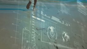Entering frame with bare legs, stepping onto wet sand activating HUD charts blending data with surf. Futuristic, digital, interface, beach, data visualization, technology, modern - Powered by Shutterstock - Get 15% off with code: PIKWIZARD15